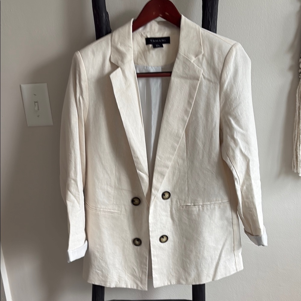 Tahari Linen Blend Cream Double-Breasted Blazer